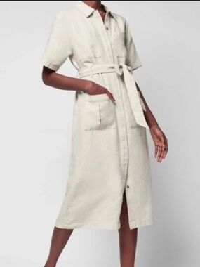Faherty Linen Lita Maxi Button Down Dress Belted Tan Birch